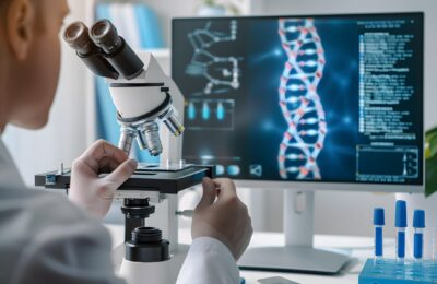 Scientist adjusts a microscope in a lab with a DNA image on the computer screen.